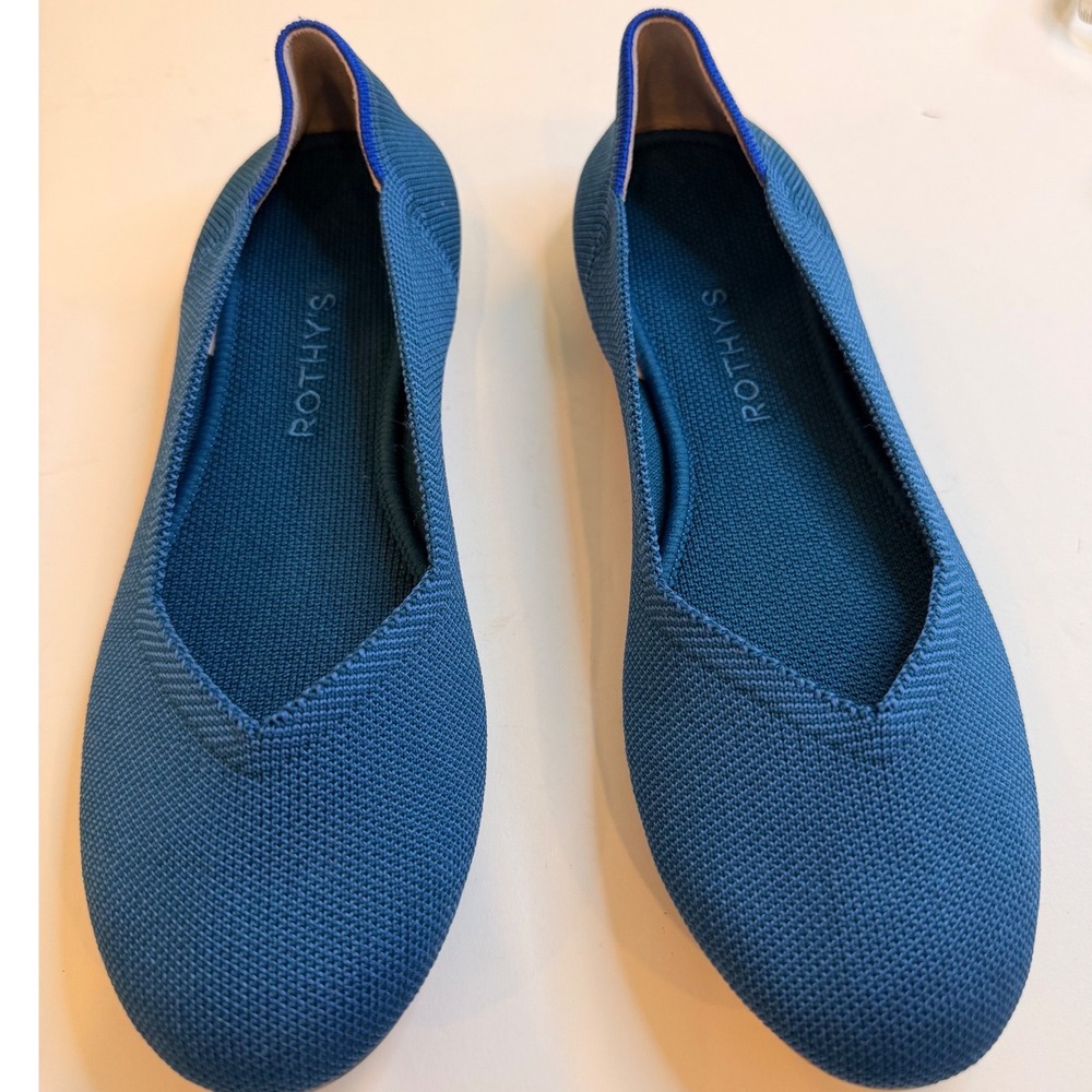 Rothys The Point Teal Blue Knit Pointed Toe Flats Tortoise Shell Sole Womens 9